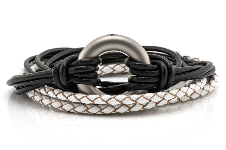 Black and White Braided Leather Ashes Bracelet with Urn Clasp