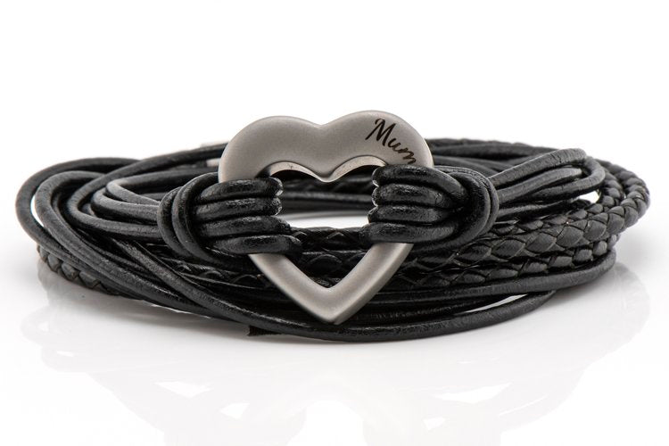 Black Heart Leather Wrap Ashes Bracelet with Urn Clasp