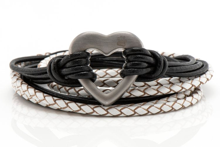 Black and White Heart Leather Ashes Bracelet with Urn Clasp