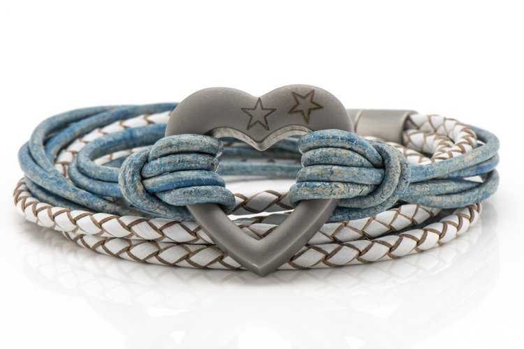 Blue and White Heart Leather Ashes Bracelet with Urn Clasp