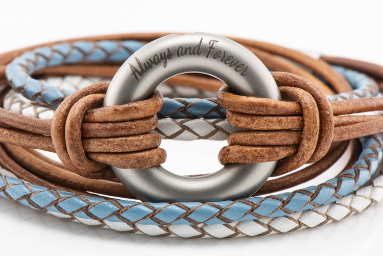 Blue, White and Brown Round Leather Ashes Bracelet