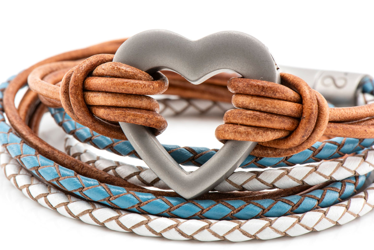 Blue, White and Brown Heart Leather Ashes Bracelet with Urn Clasp, photo 2 of 9