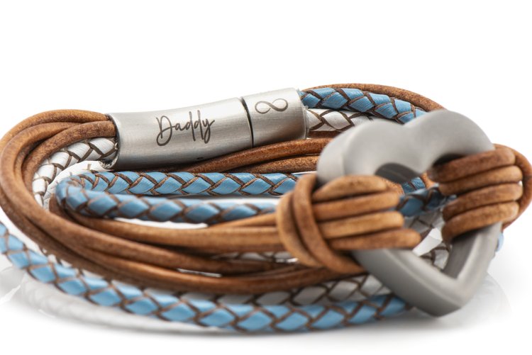 Blue, White and Brown Heart Leather Ashes Bracelet with Urn Clasp, photo 5 of 9