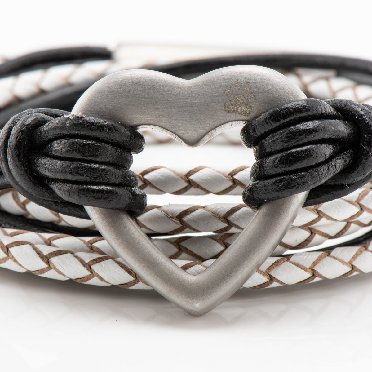 Black and White Heart Leather Ashes Bracelet with Urn Clasp, photo 2 of 7