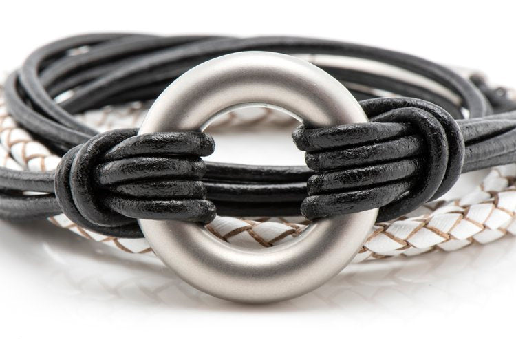 Black and White Braided Leather Ashes Bracelet with Urn Clasp, photo 2 of 6