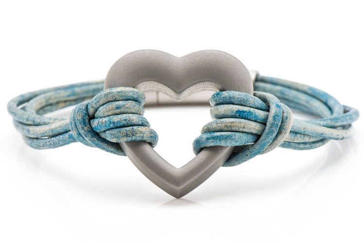 Blue Heart Leather Ashes Bracelet with Urn Clasp