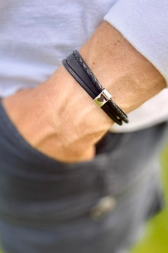 Unisex Black Leather Wrap Ashes Bracelet, Personalised Urn