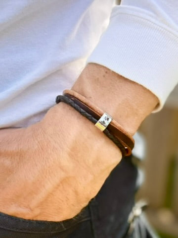 Men's Leather Ashes Bracelet, Mixed Browns Wrap with Hidden Urn