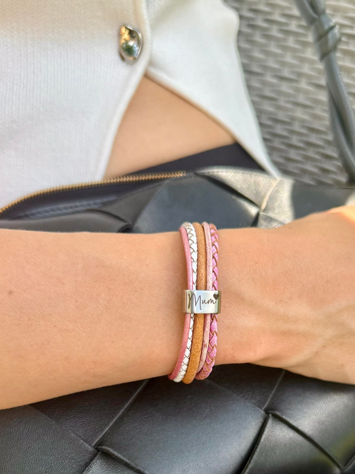 Pink Mixed Leather Wrap Ashes Bracelet, Personalised Urn Clasp, photo 9 of 14