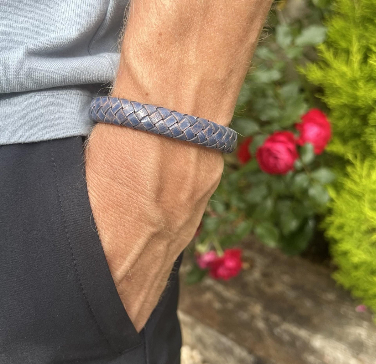 Jeans Blue Braided Leather Ashes Bracelet with Urn Clasp, photo 4 of 14