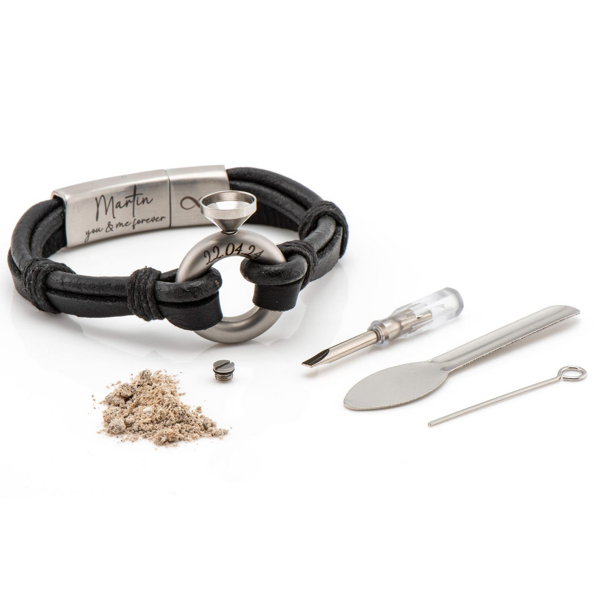 Engraved Black Leather Ashes Bracelet, Flat and Round Bands, photo 4 of 10