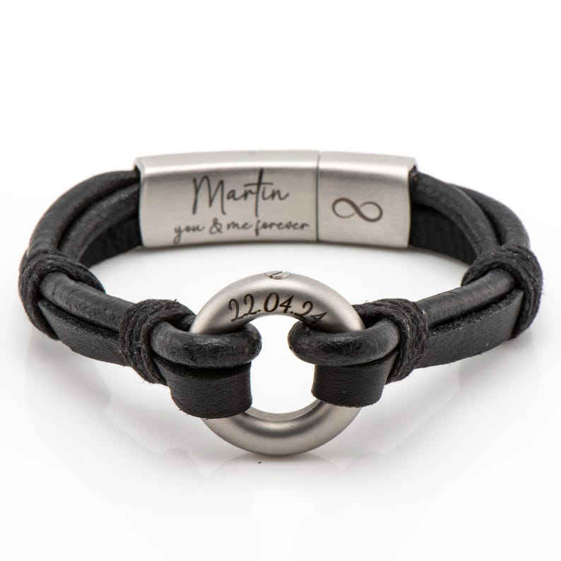 Engraved Black Leather Ashes Bracelet, Flat and Round Bands, photo 2 of 10
