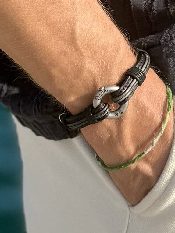 Distressed Black and Vintage Silver Leather Urn Bracelet for Ashes