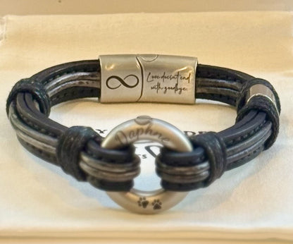 Distressed Black and Vintage Silver Leather Urn Bracelet for Ashes