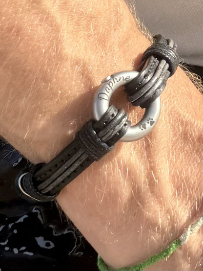 Distressed Black and Vintage Silver Leather Urn Bracelet for Ashes