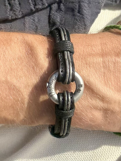 Distressed Black and Vintage Silver Leather Urn Bracelet for Ashes