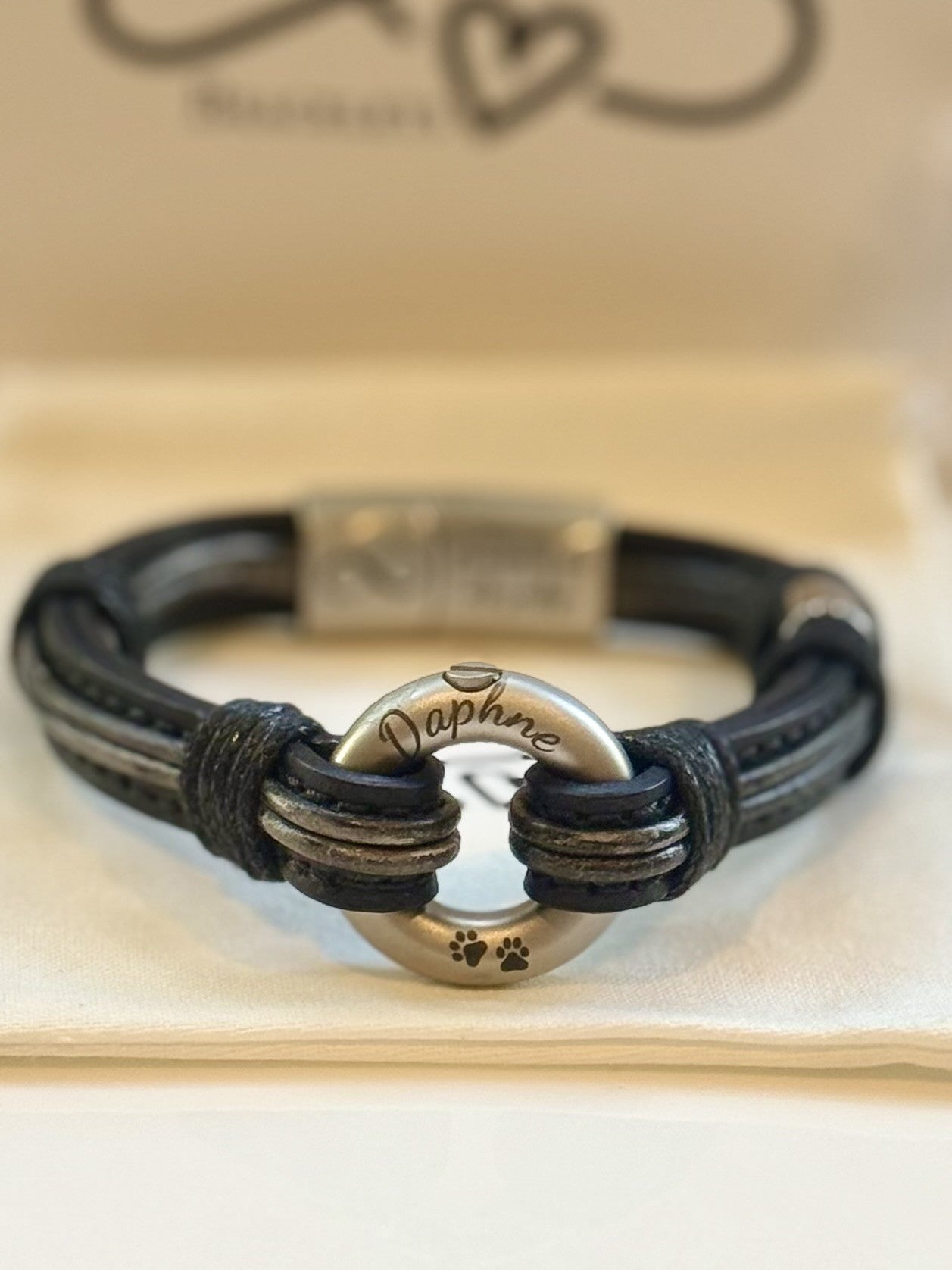 Distressed Black and Vintage Silver Leather Urn Bracelet for Ashes