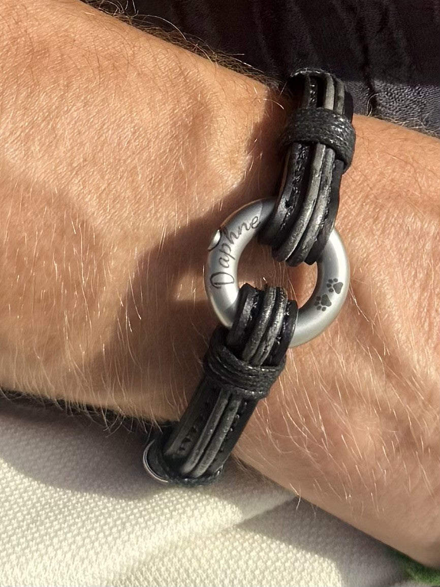 Distressed Black and Vintage Silver Leather Urn Bracelet for Ashes