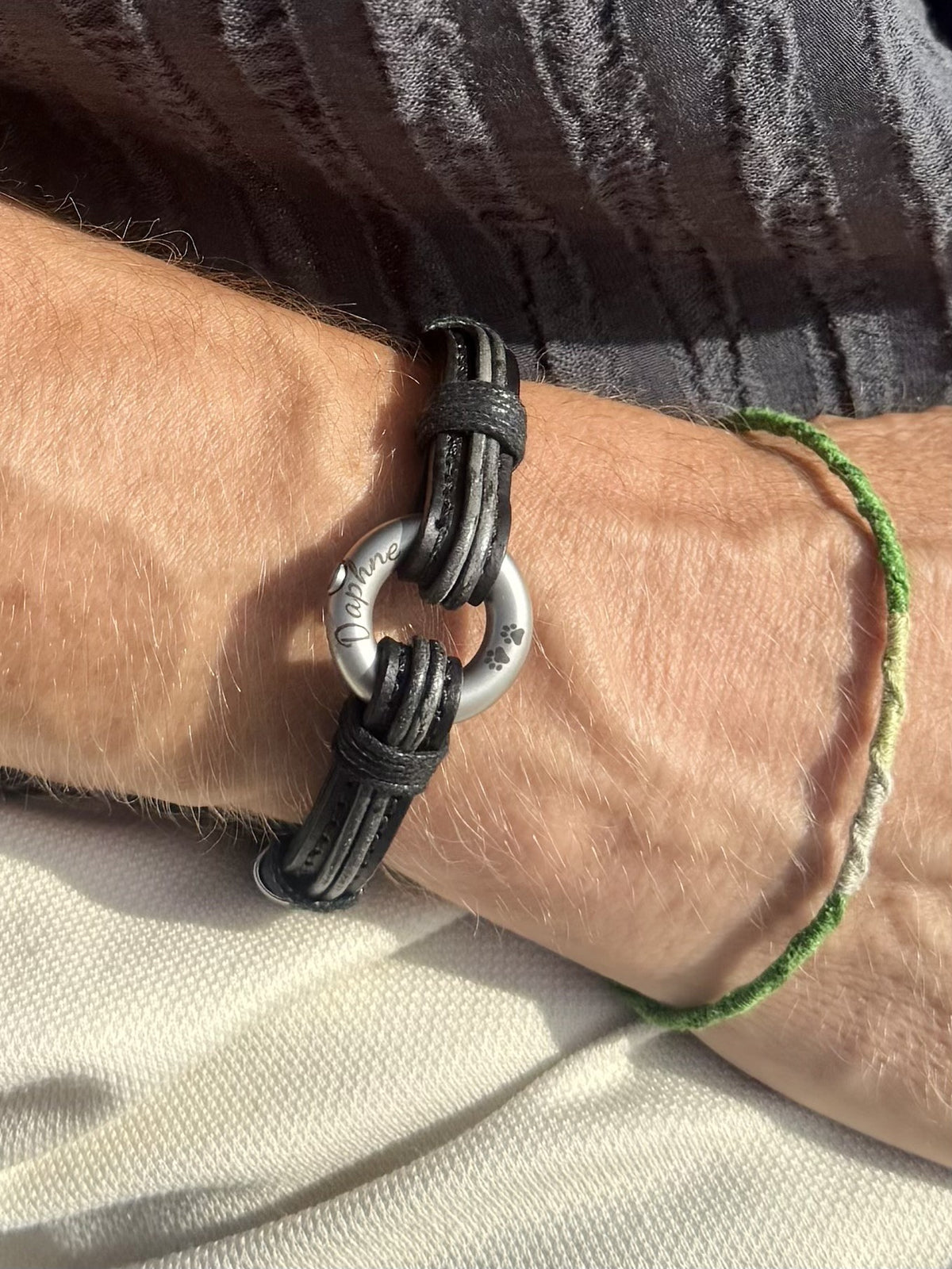 Distressed Black and Vintage Silver Leather Urn Bracelet for Ashes