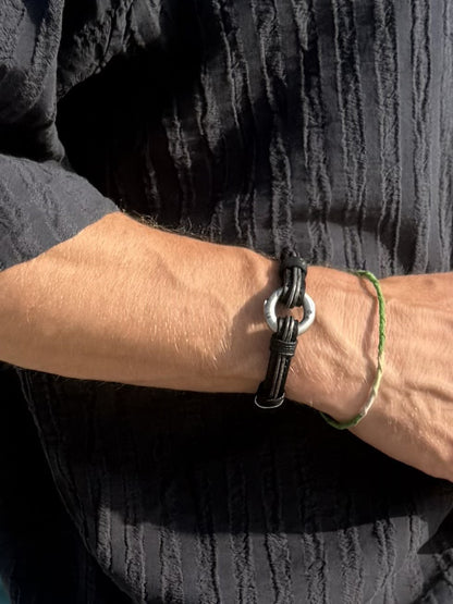 Distressed Black and Vintage Silver Leather Urn Bracelet for Ashes