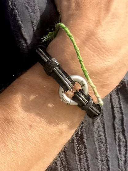 Distressed Black and Vintage Silver Leather Urn Bracelet for Ashes