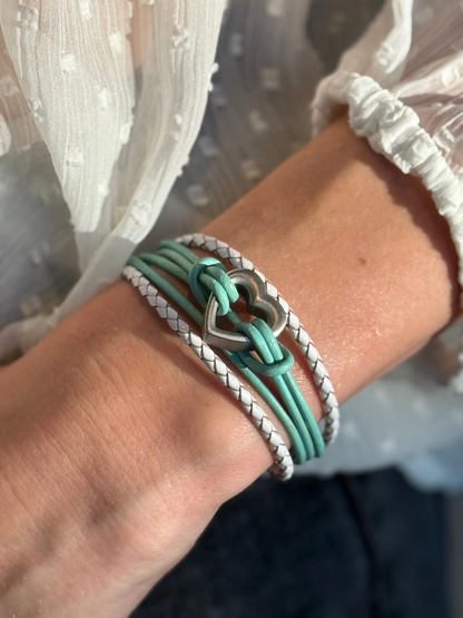 Customisable Green & White Braided Heart Bracelet - Pet Memorial Ashes Urn Jewellery Sympathy Gift