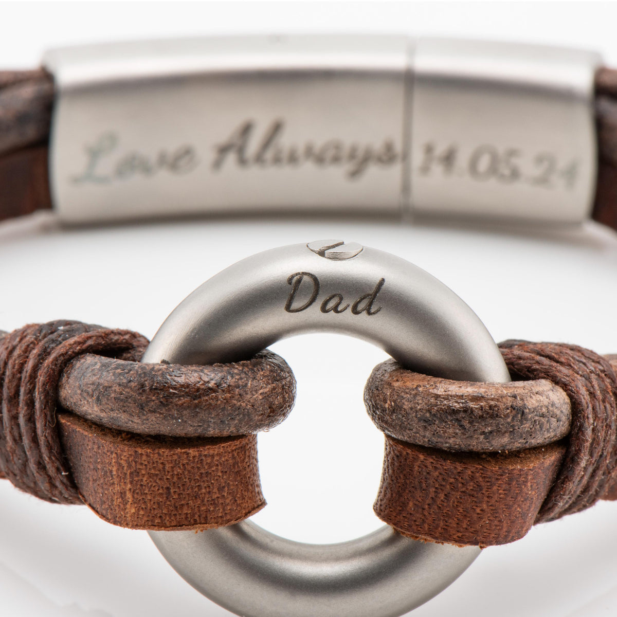 Men's Round Brown Leather Ashes Bracelet with Urn Clasp, photo 7